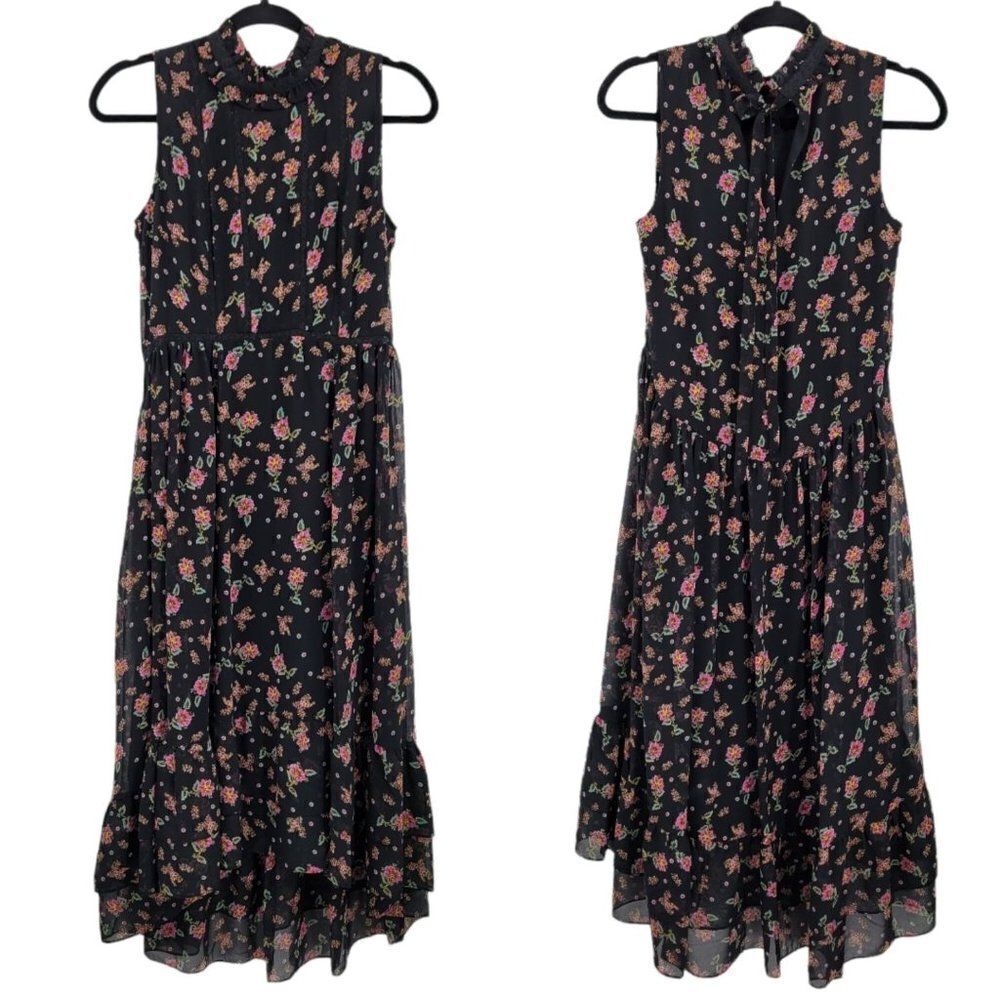 Rebecca Minkoff‎ Dress Sheer Sleeveless Ruffle Hi-low Midi Floral Black Sz XS